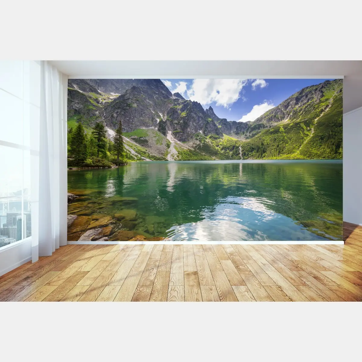 Fototapete ruhiger smaragdgrüner bergsee vor schroffen gipfeln – Pixers®