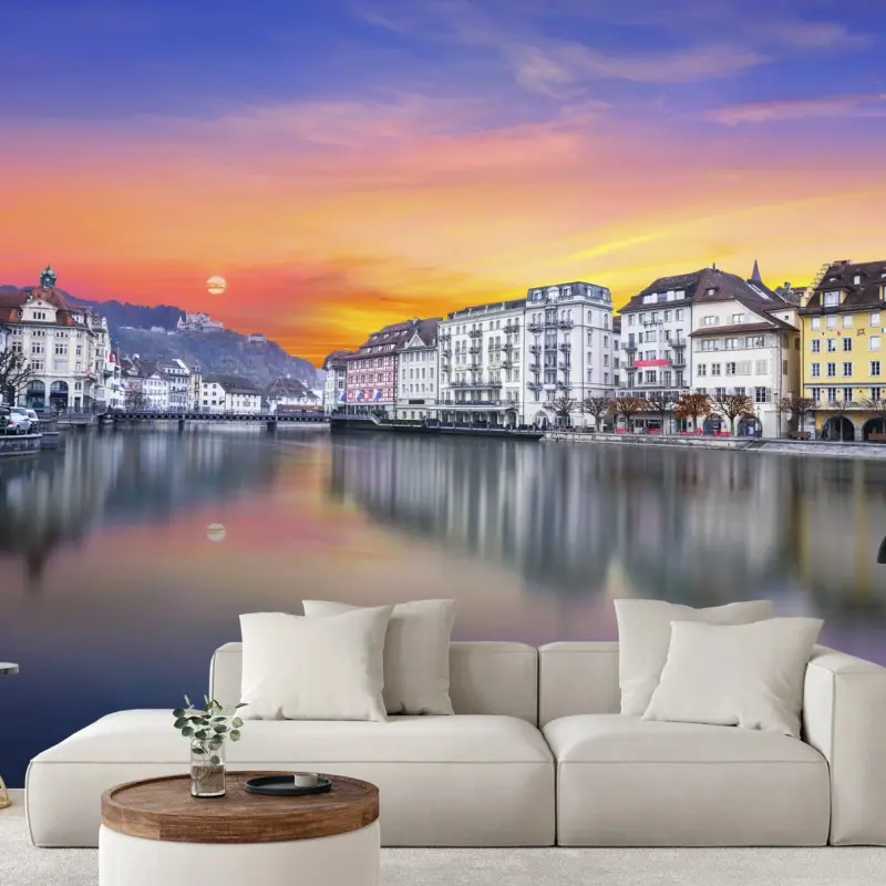 Fototapete Luzern am fluss bei dämmerung