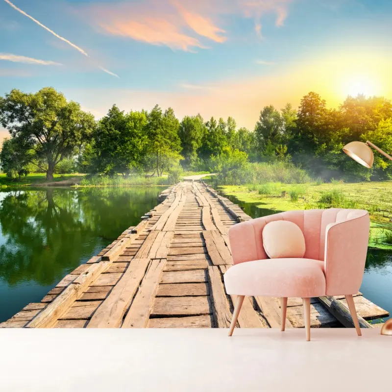 Fototapete sonnige hölzerne brücke über ruhigen see