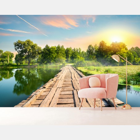 Fototapete sonnige hölzerne brücke über ruhigen see – Pixers®