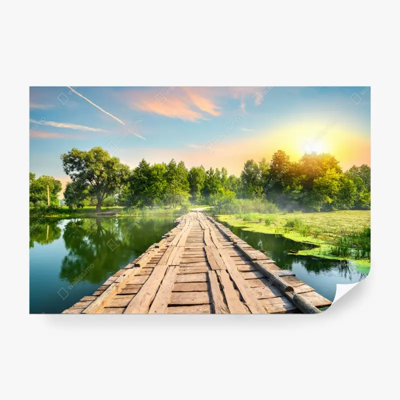Fototapete sonnige hölzerne brücke über ruhigen see
