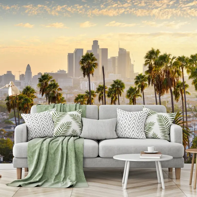 Fototapete goldene Los Angeles skyline mit palmen