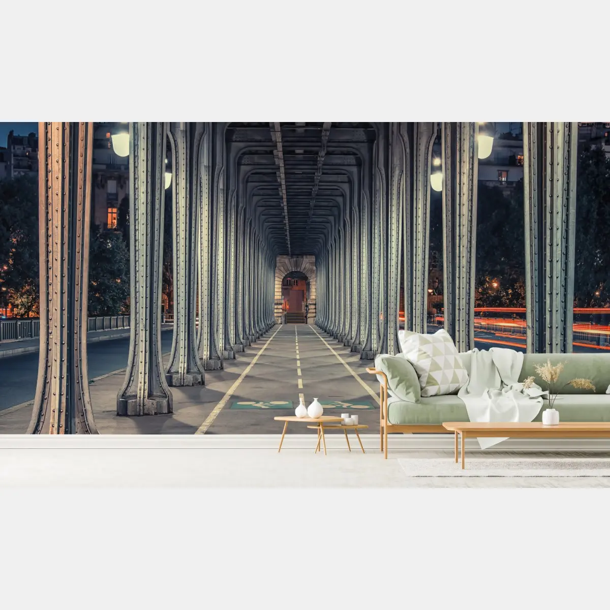 Fototapete symmetrischer stahlkorridor einer brücke bei nacht – Pixers®