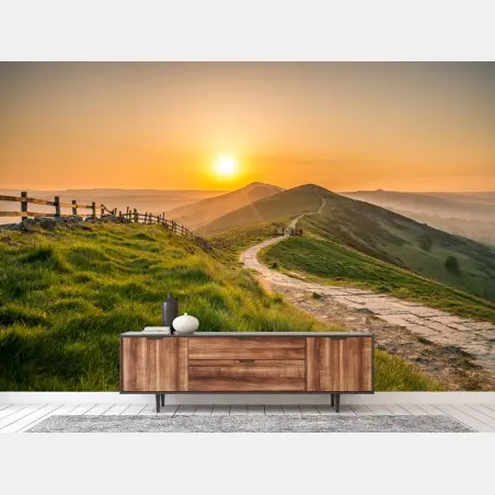 Fototapete sonnenaufgang über grünen hügeln – Pixers®