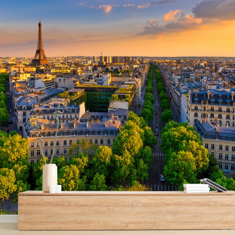 Fototapete sonnenuntergang über Paris mit Eiffelturm