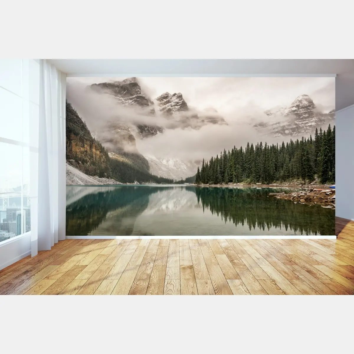 Fototapete nebliger bergsee mit spiegelung – Pixers®