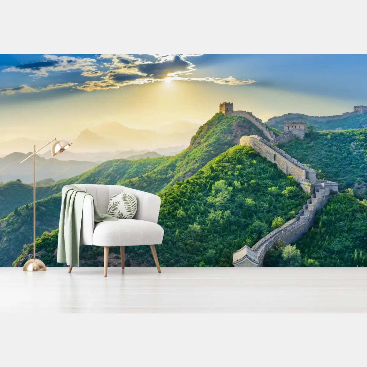 Fototapete Chinesische Mauer bei sonnenaufgang über grünen bergen – Pixers®