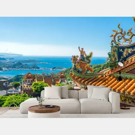 Fototapete tempel mit blick auf die küste von Jiufen, Taiwan – Pixers®