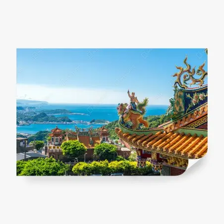 Fototapete tempel mit blick auf die küste von Jiufen, Taiwan – Pixers®