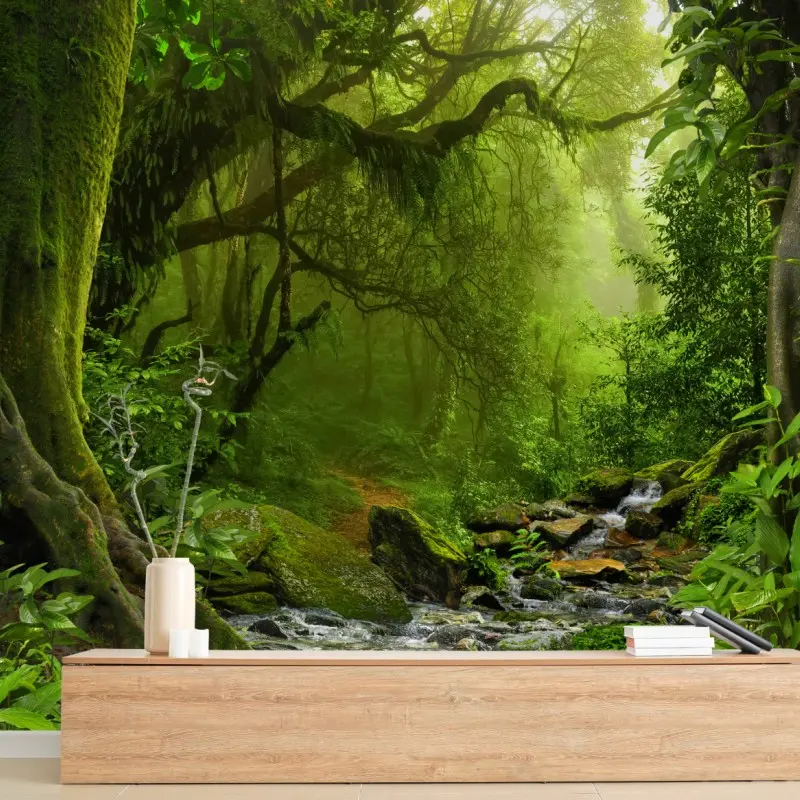 Fototapete verwunschener grüner wald mit bach