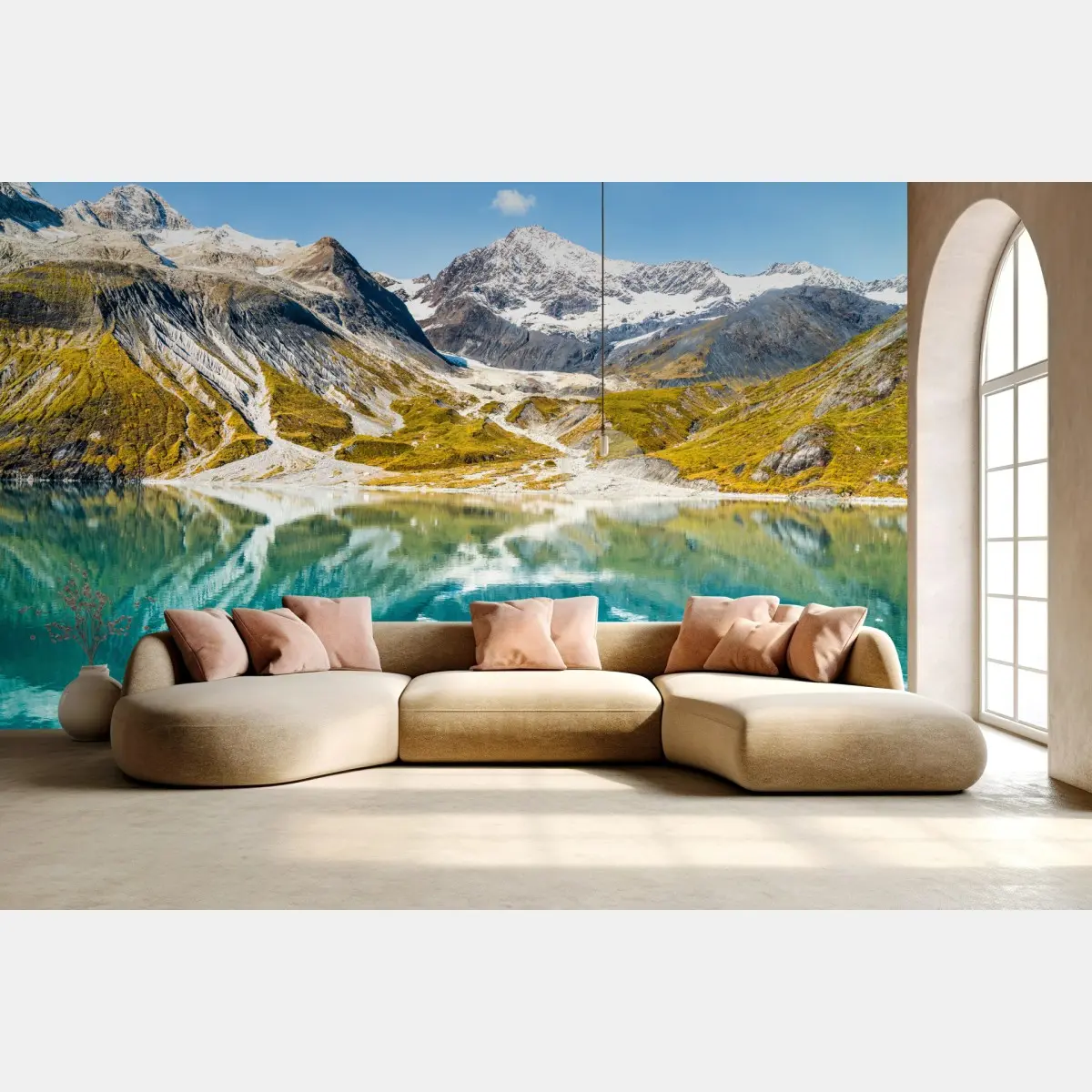 Fototapete ruhiger alpensee mit schneebedeckten gipfeln – Pixers®