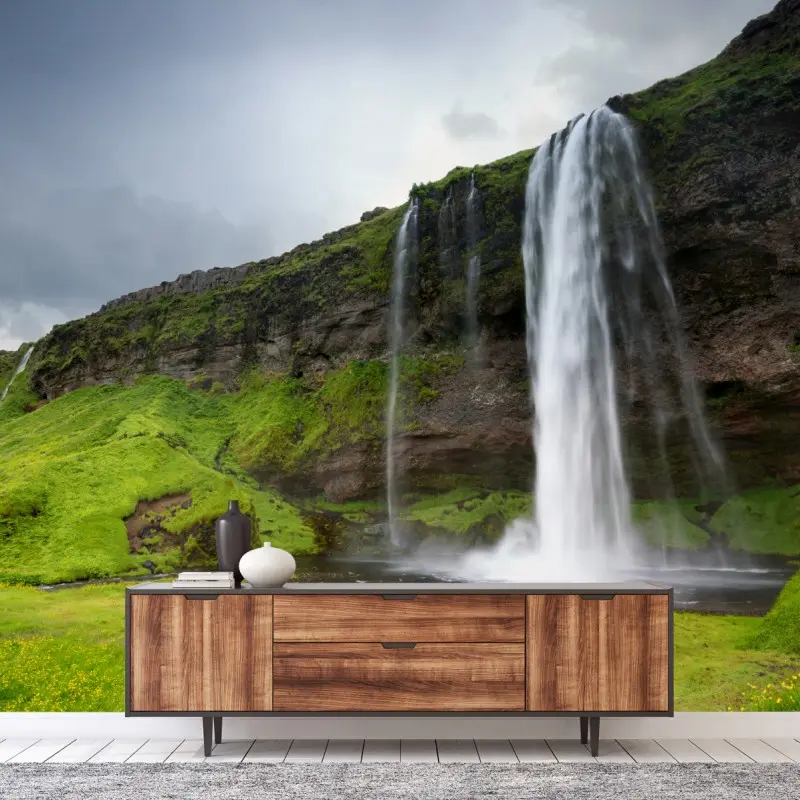 Fototapete dramatischer wasserfall bei Seljalandsfoss, Island
