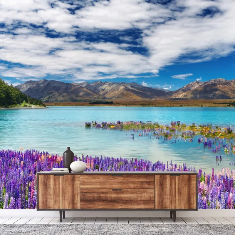 Fototapete Lake Tekapo lupinenmeer am türkisen see