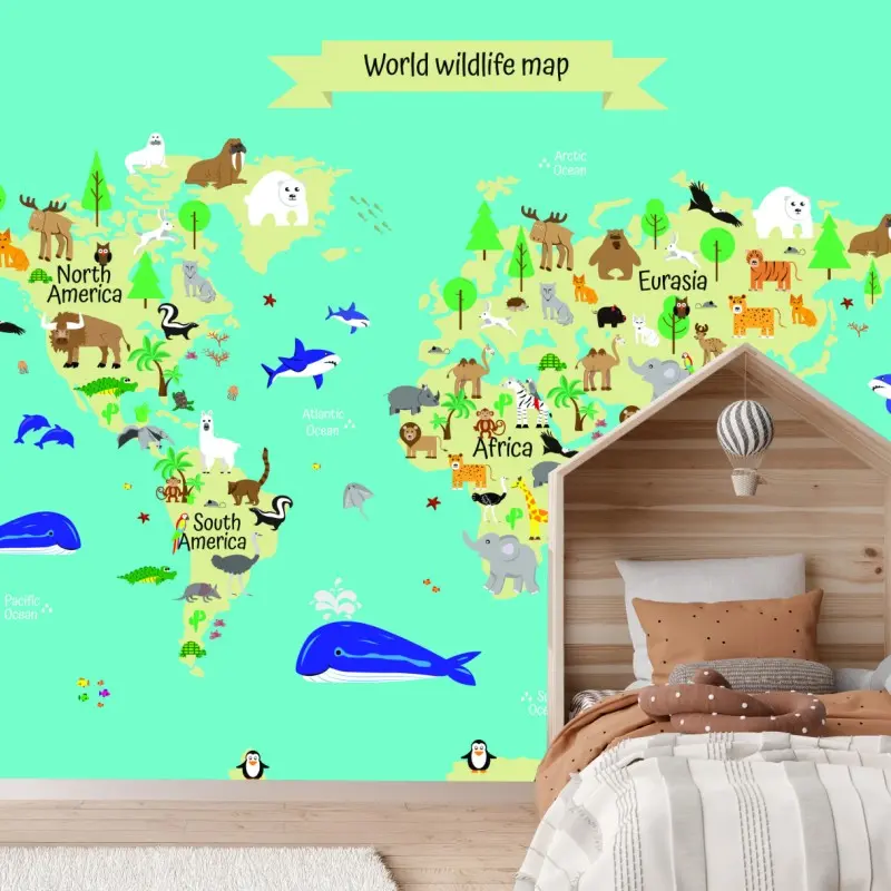 Fototapete weltkarte der tierwelt für kinder