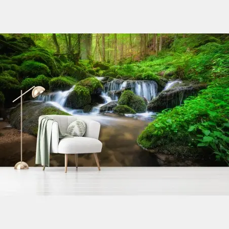 Fototapete ruhiger moosiger waldwasserfall – Pixers®