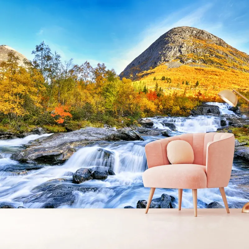 Fototapete goldener herbstwasserfall