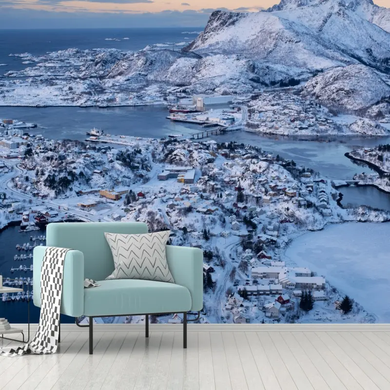 Fototapete winterliche luftaufnahme des hafens von Svolvaer, Norwegen