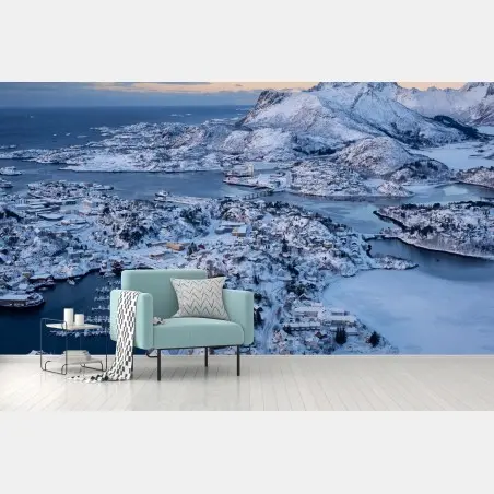 Fototapete winterliche luftaufnahme des hafens von Svolvaer, Norwegen – Pixers®