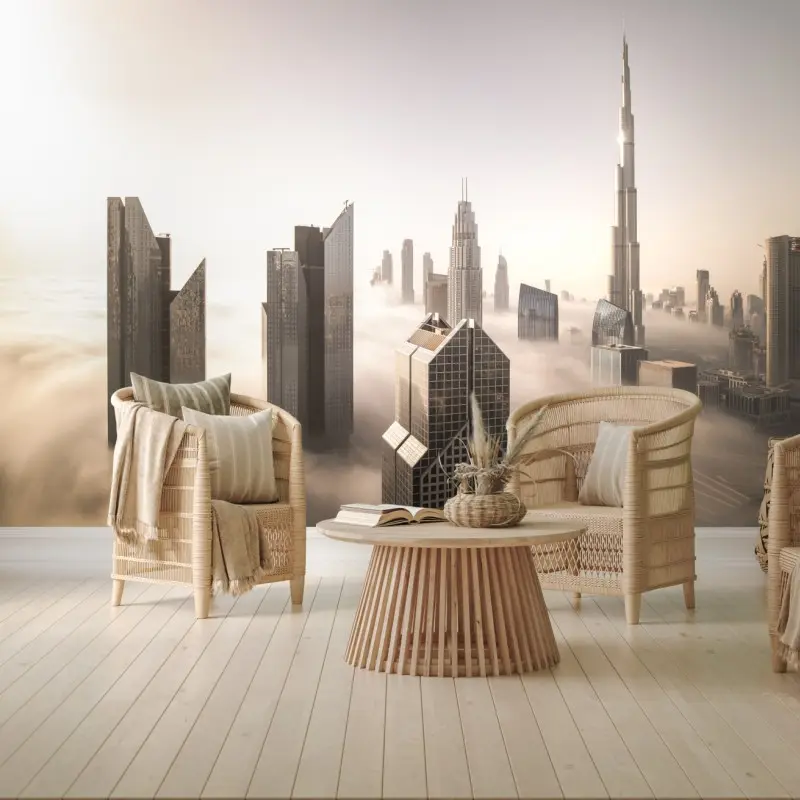 Fototapete neblige Dubai skyline über den wolken