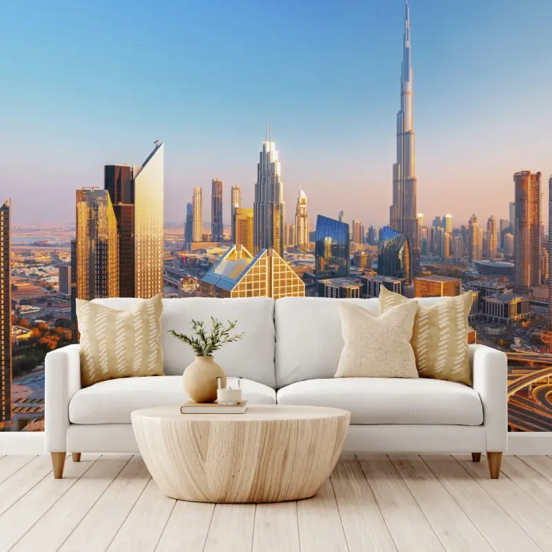 Fototapete Dubai skyline mit Burj Khalifa bei sonnenuntergang