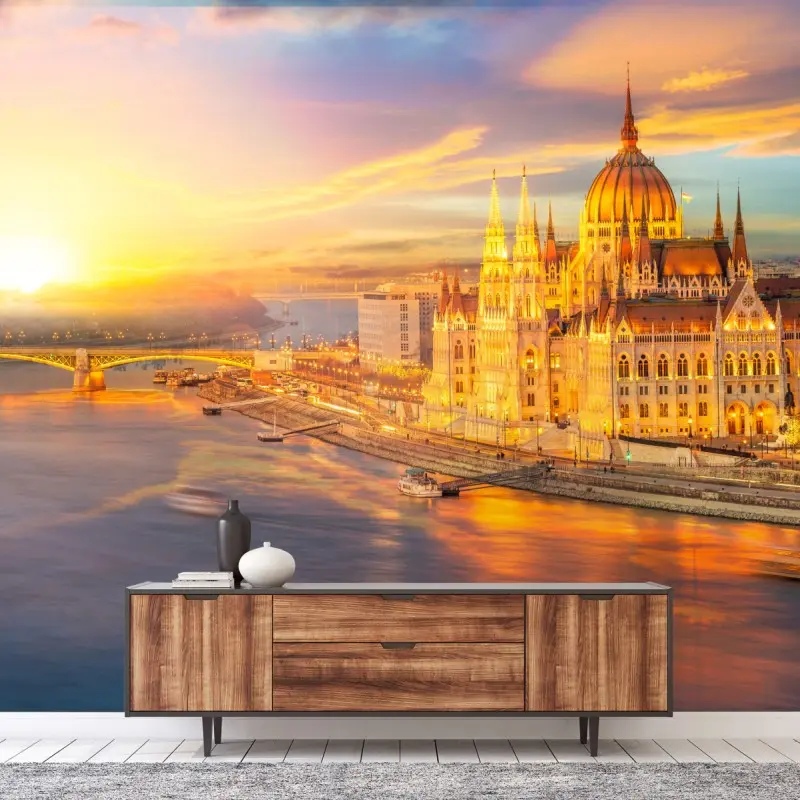 Fototapete goldener sonnenuntergang über dem parlament von Budapest