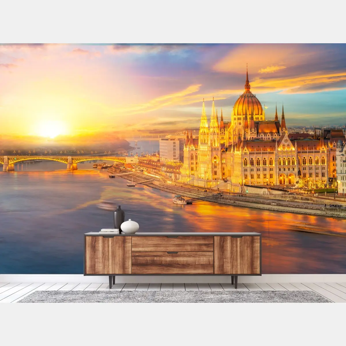 Fototapete goldener sonnenuntergang über dem parlament von Budapest – Pixers®