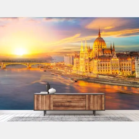 Fototapete goldener sonnenuntergang über dem parlament von Budapest – Pixers®