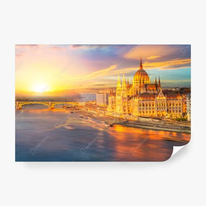 Fototapete goldener sonnenuntergang über dem parlament von Budapest