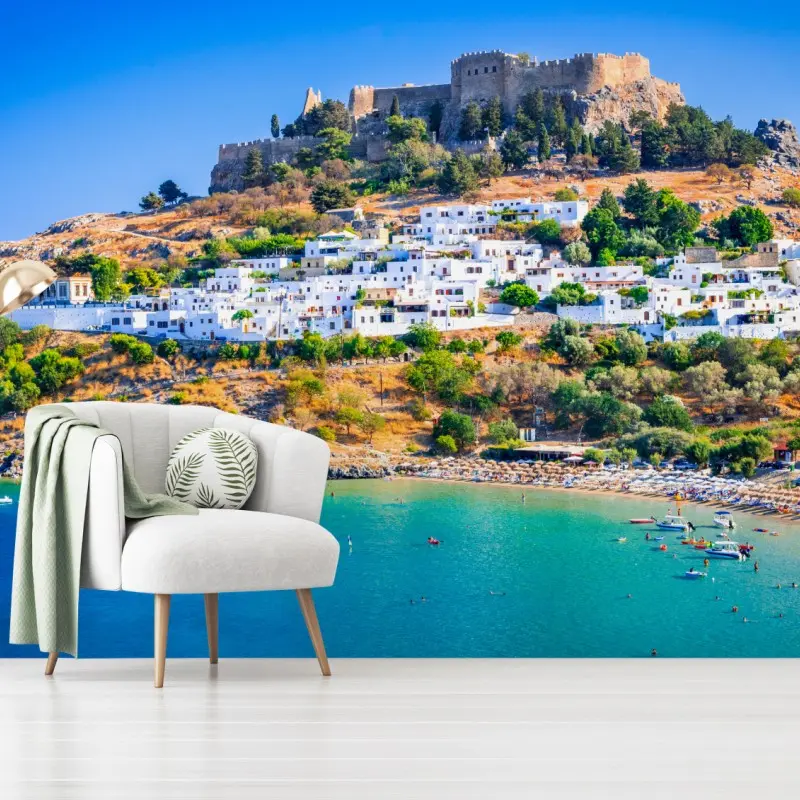 Fototapete Lindos: akropolis über dem weißen dorf, Rhodos