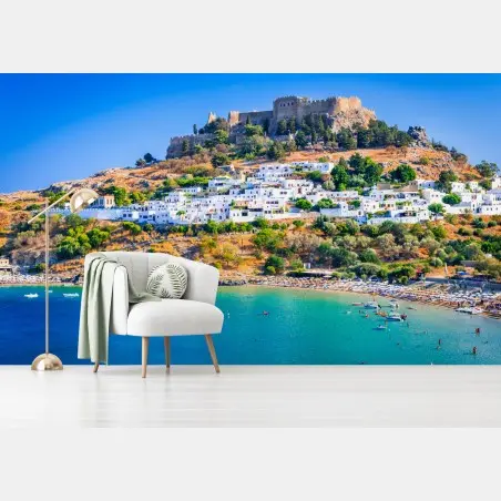 Fototapete Lindos: akropolis über dem weißen dorf, Rhodos – Pixers®