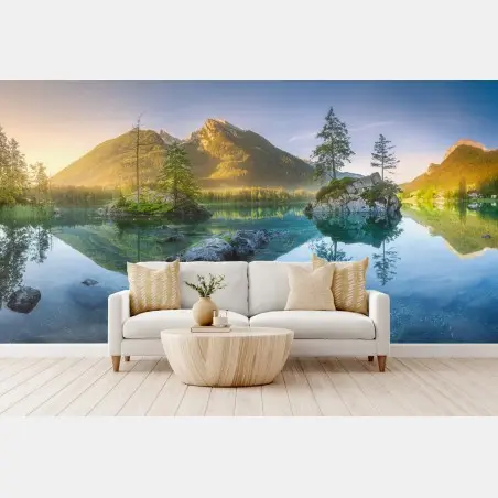 Fototapete alpensee bei sonnenaufgang mit spiegelnder reflexion – Pixers®