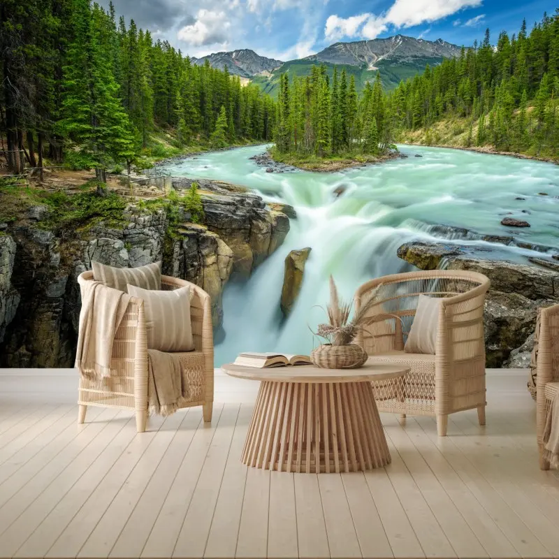 Fototapete neblige flussklamm bei Upper Sunwapta Falls, Jasper National Park