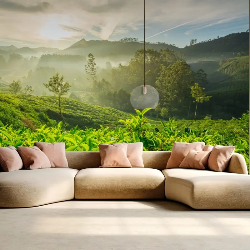 Fototapete sonnenaufgang über den teeplantagen von Munnar