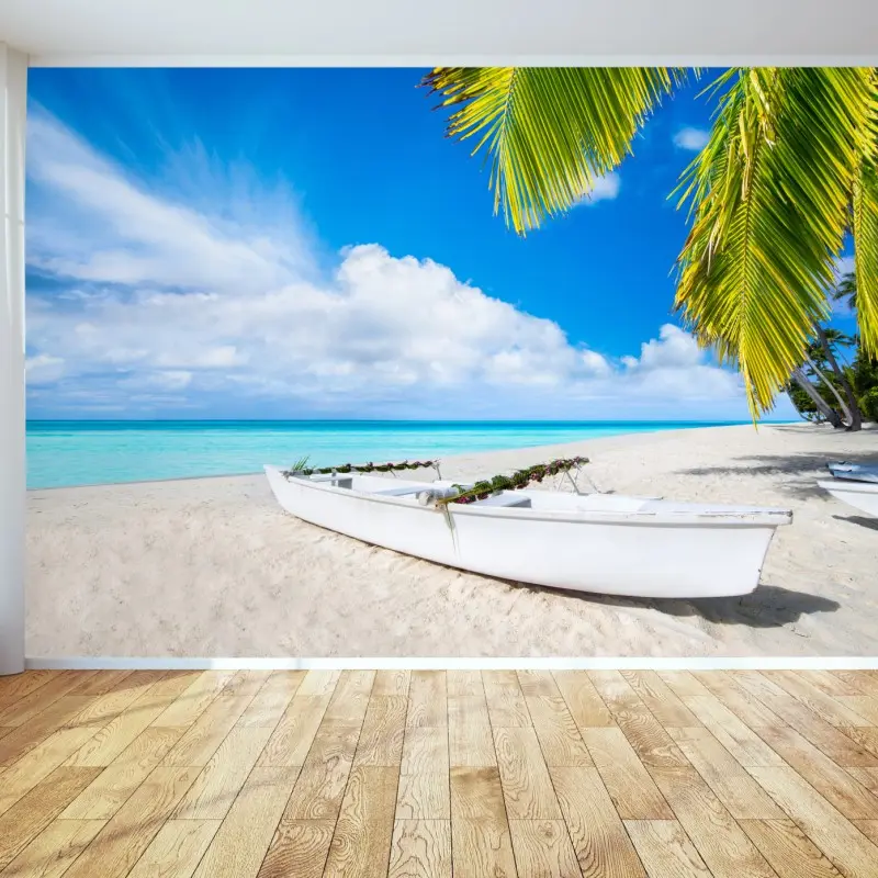 Fototapete tropischer strand in türkis mit palmen und booten