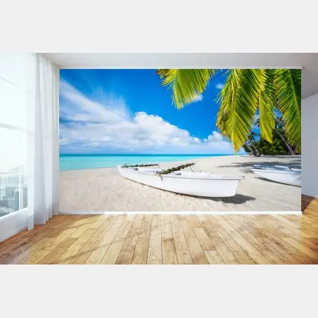 Fototapete tropischer strand in türkis mit palmen und booten – Pixers®