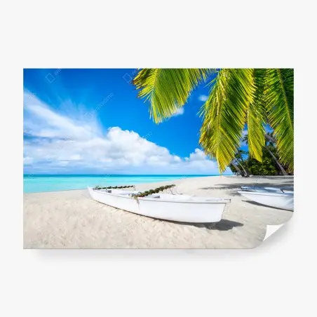 Fototapete tropischer strand in türkis mit palmen und booten – Pixers®