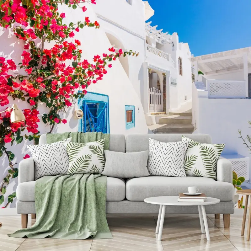 Fototapete Santorini weiße gasse mit bougainvillea