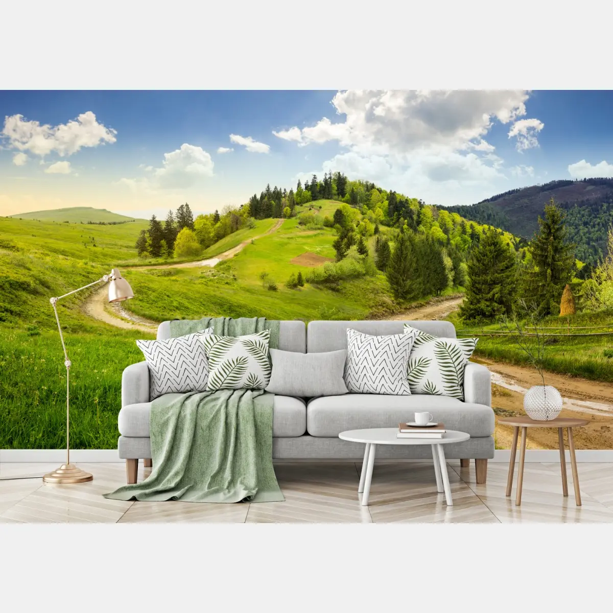 Fototapete gewundener feldweg durch grüne hügel – Pixers®