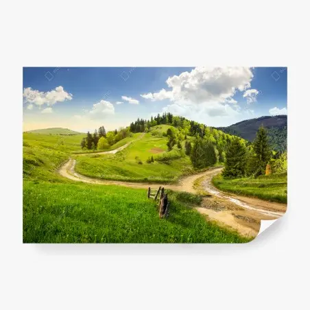 Fototapete gewundener feldweg durch grüne hügel – Pixers®