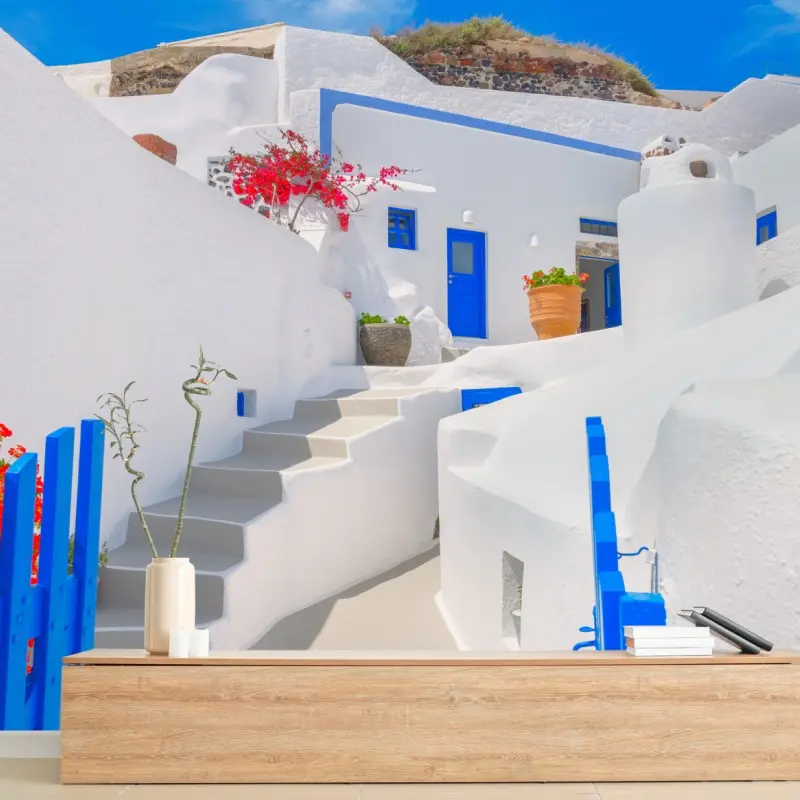 Fototapete Santorini weiße häuser mit blauen akzenten