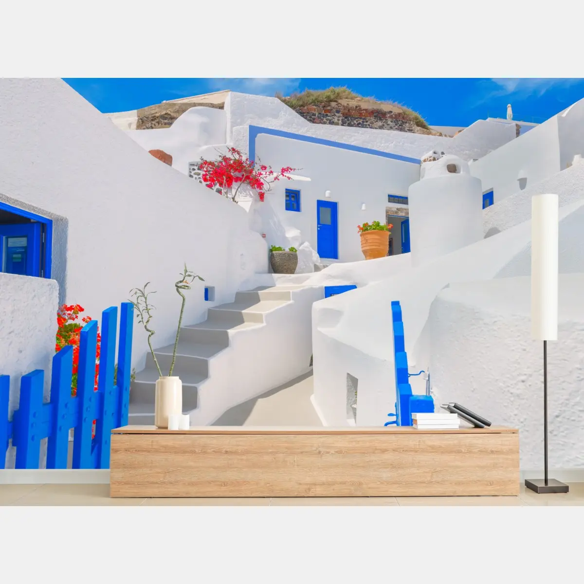 Fototapete Santorini weiße häuser mit blauen akzenten – Pixers®