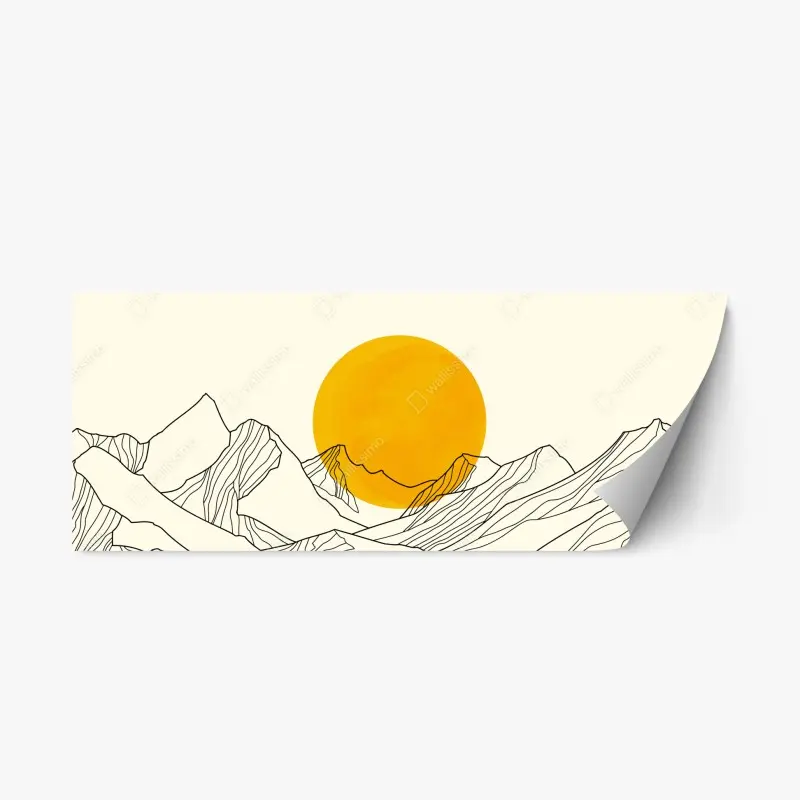 Repositionierbarer Aufkleber goldene sonne über minimalistischen bergen