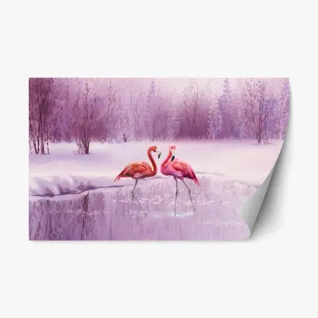 Repositionierbarer Aufkleber pastell flamingos über winterlichem see – Pixers®