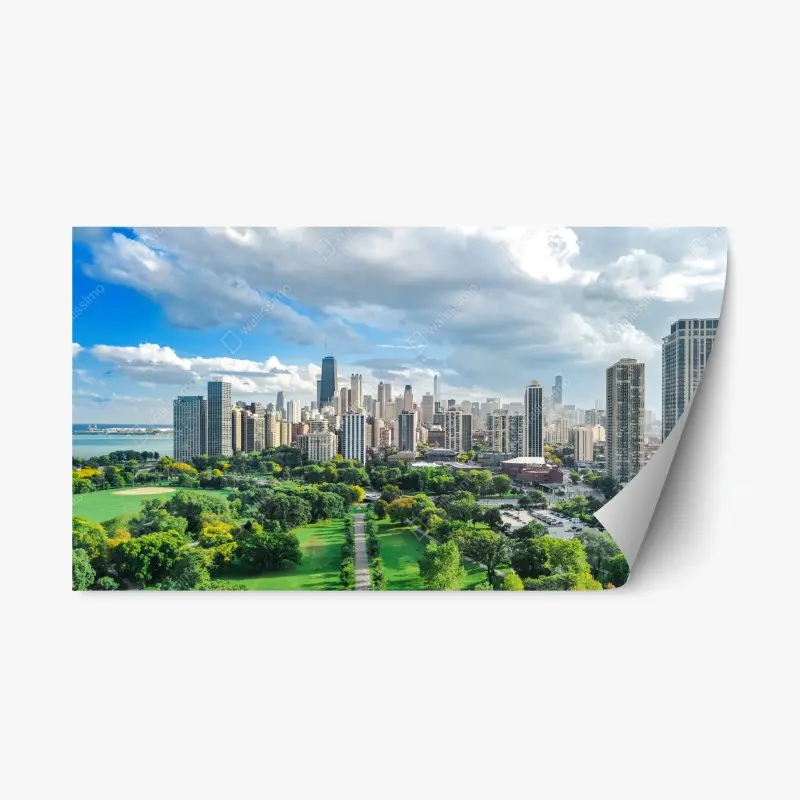 Repositionierbarer Aufkleber stadtpanorama über grünem park
