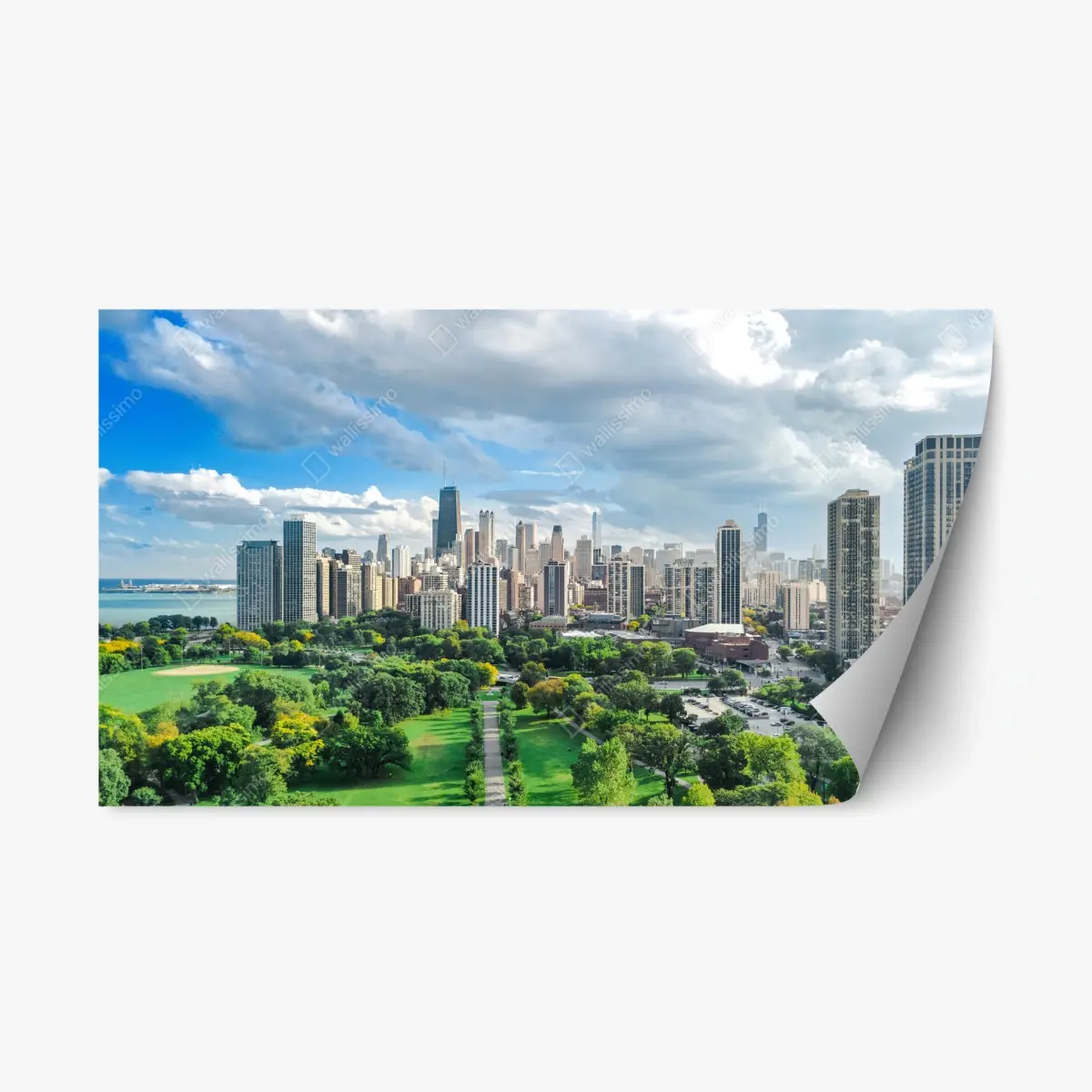 Repositionierbarer Aufkleber stadtpanorama über grünem park – Pixers®