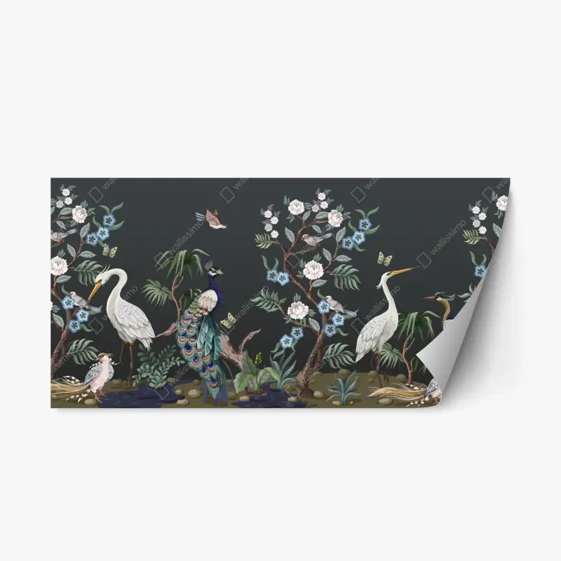 Repositionierbarer Aufkleber pfau und reiher im blumenmuster