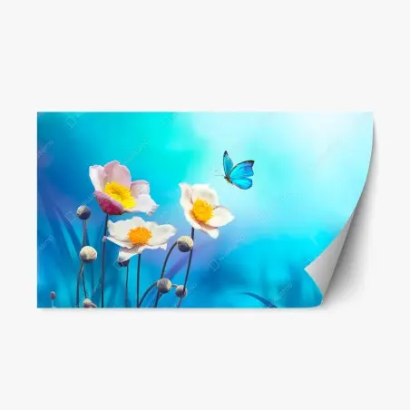 Repositionierbarer Aufkleber zarte rosa anemonen und blauer schmetterling – Pixers®