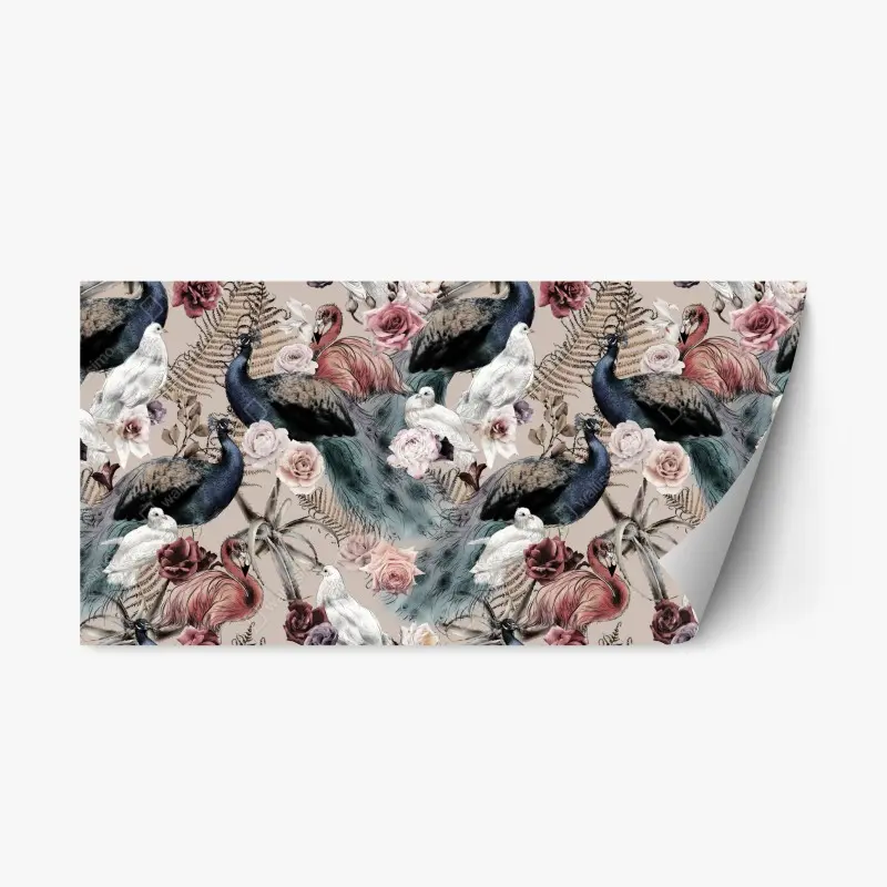 Repositionierbarer Aufkleber aquarellmuster mit vögeln und rosen