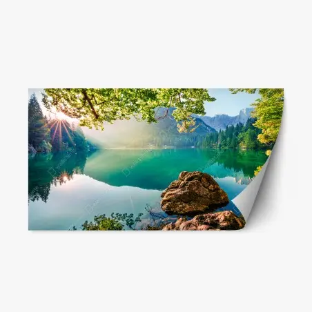 Repositionierbarer Aufkleber morgendliche szene am Fusine-see mit Mangart – Pixers®