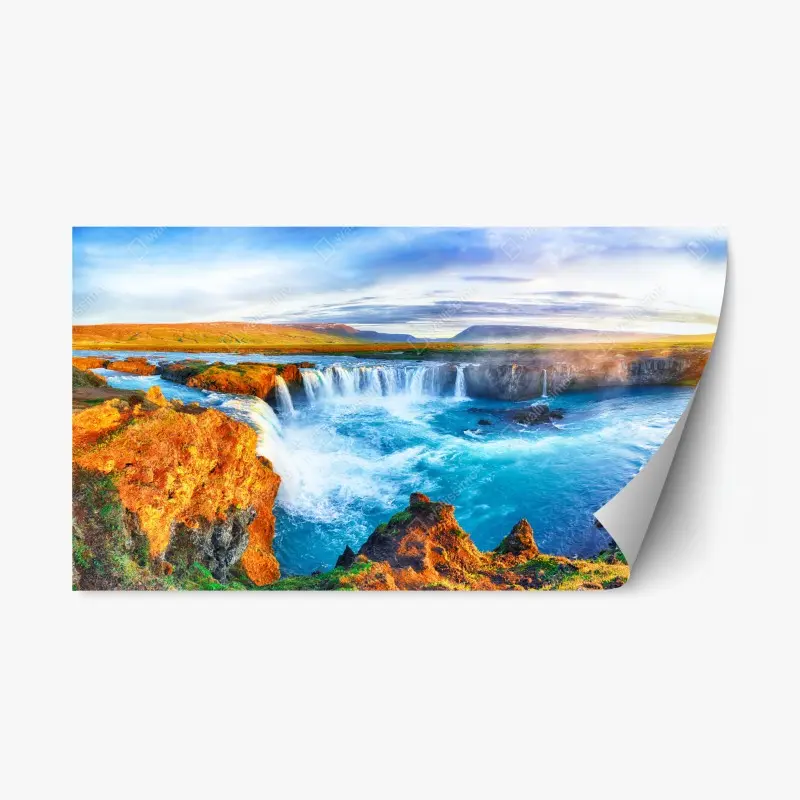 Repositionierbarer Aufkleber panorama des wasserfalls Godafoss bei sonnenaufgang